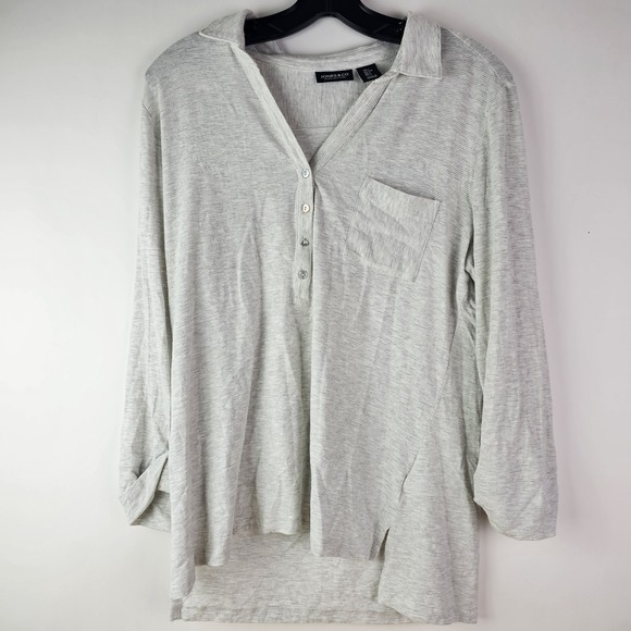 Jones New York Womens L Pullover Heather Gray LS Roll Sleeve Top Button - Picture 1 of 5